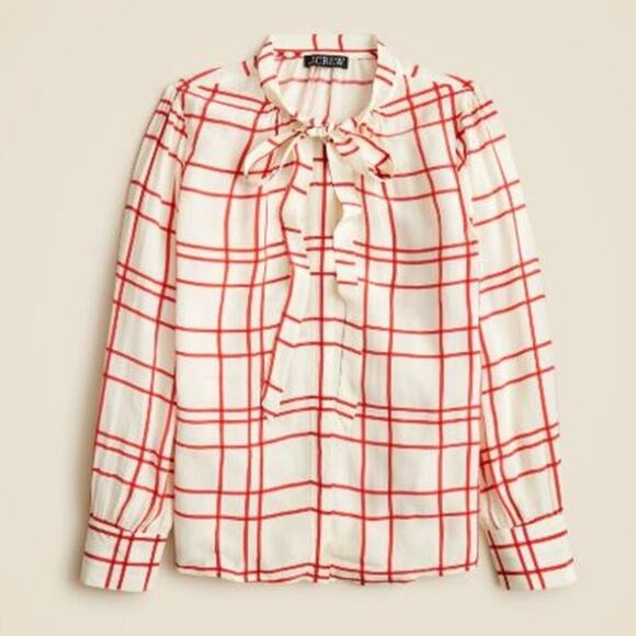 J. Crew Women's Plaid Crepe De Chine Viscose Tie-Neck Top CF443 Ivory Size 4 NWT - Picture 1 of 2